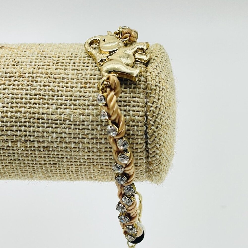 YOU AND I Trumpeting Elephant Bracelet Gold Tone Brown Braid Rhinestones Ethnic